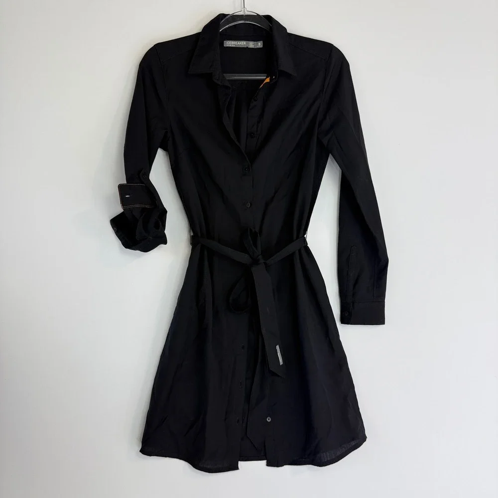 Icebreaker Destiny Shirt Dress Womens S Black Merino Wool Blend Roll Tab Belted